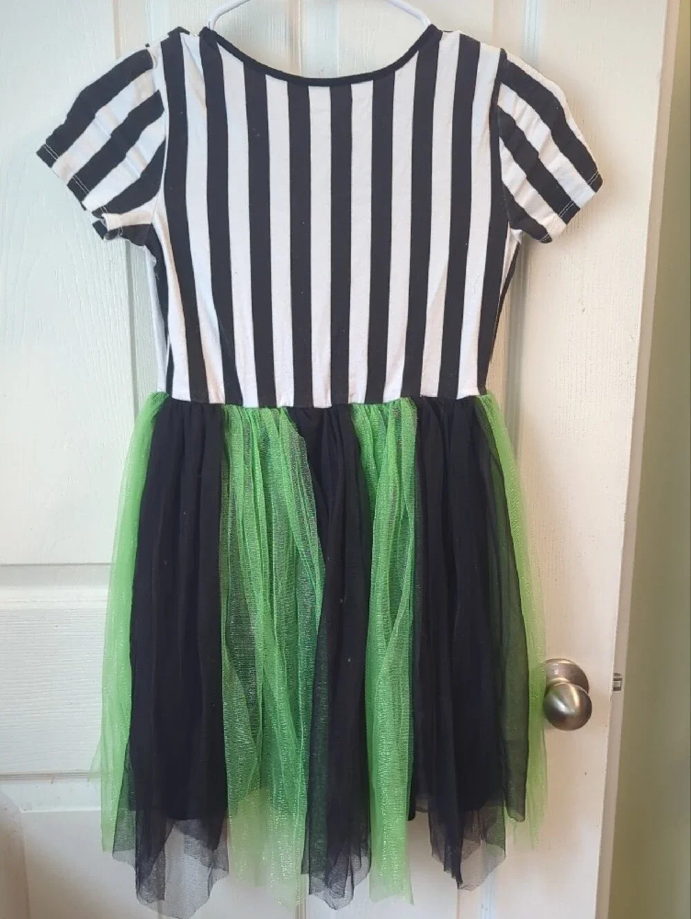 Girls' Black & White Stripe Dress with Green Tulle Skirt